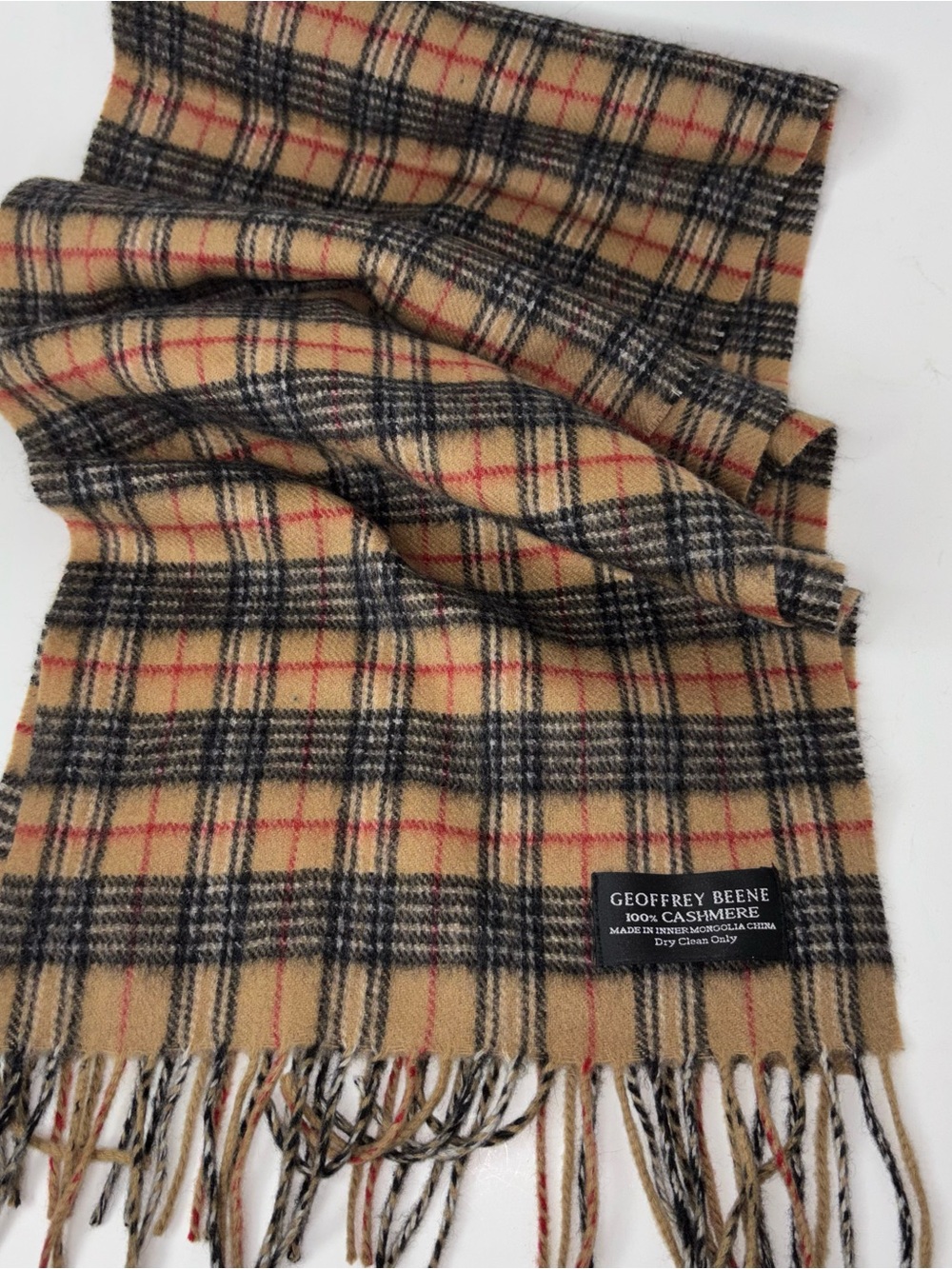 Geoffrey Beene 100% Pure Cashmere Scarf Brown Plaid Fringe Inner Mongolia - Picture 3 of 7